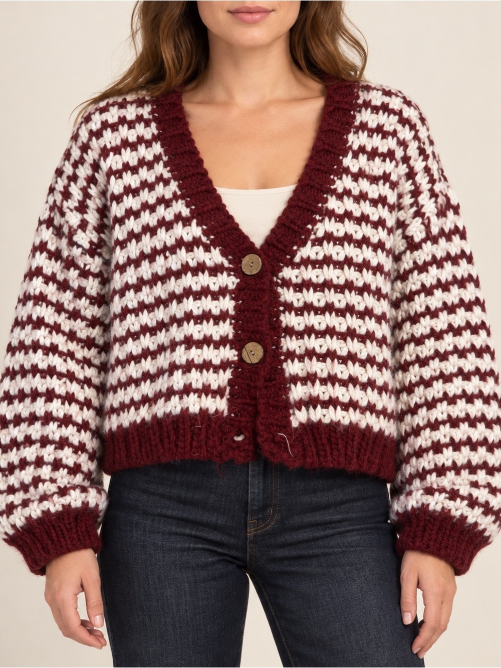 Lumiere Burgundy Cream Chunky Knit Cardigan Size Large